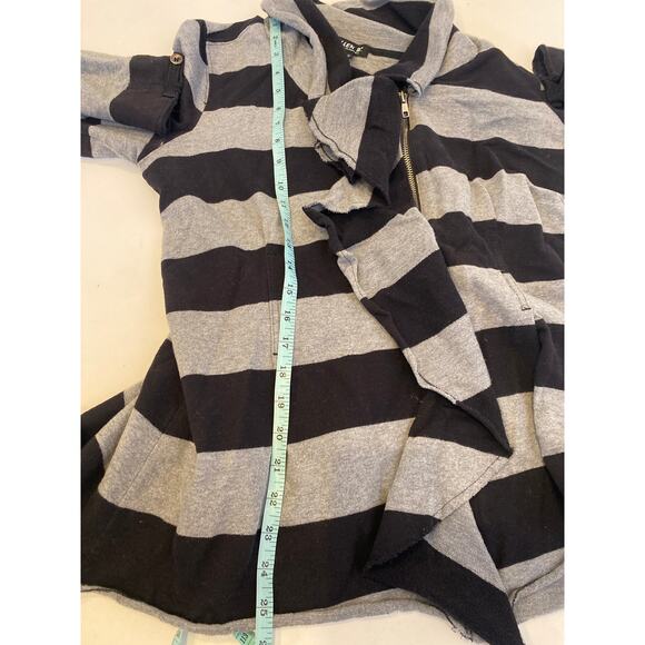 Allen B. Allen Schwartz Ponte Knit Stripe Zip Ruffle Cardigan EUC Sz Lg Cotton - Picture 12 of 13